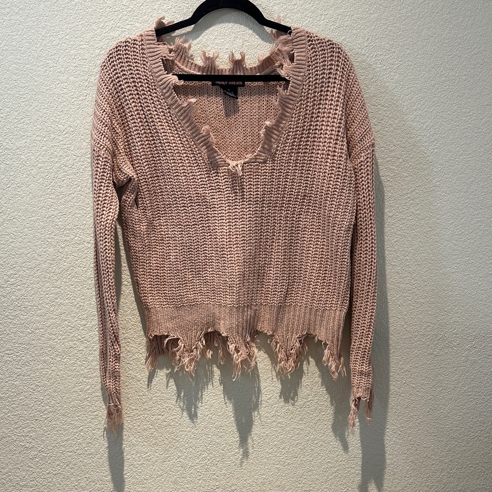 Trendy Threads Distressed V-Neck Knit Sweater - Blush Pink Size Medium